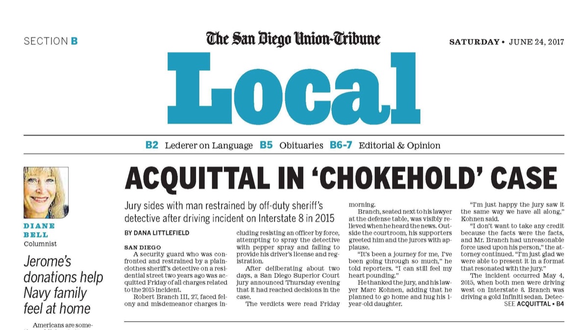 San Diego Union-Tribune headline: Acquittal in 'Chokehold' Case